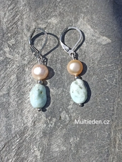 Larimar a říční Perla, náušnice č:2 