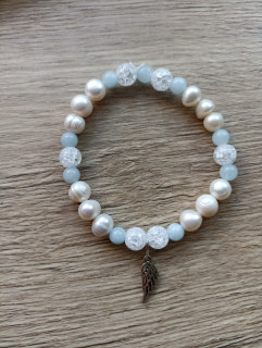 Náramek na ruku Říční perly, Angelit s andělským pírkem.  